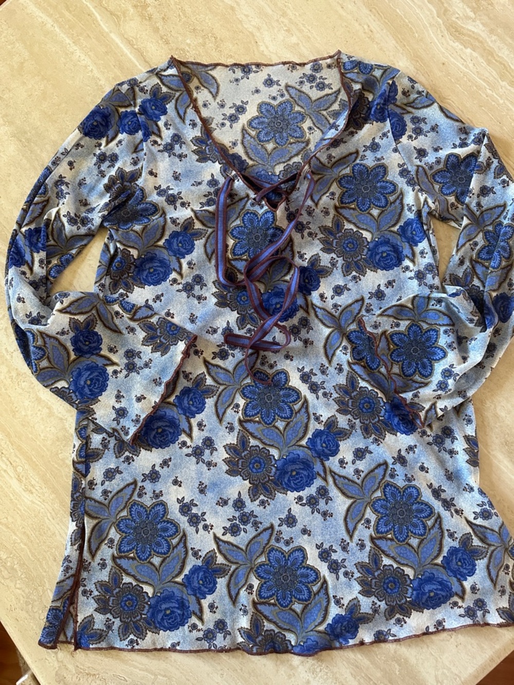 BECCA Blue Floral Lace-Up Tunic with Brown Trim
